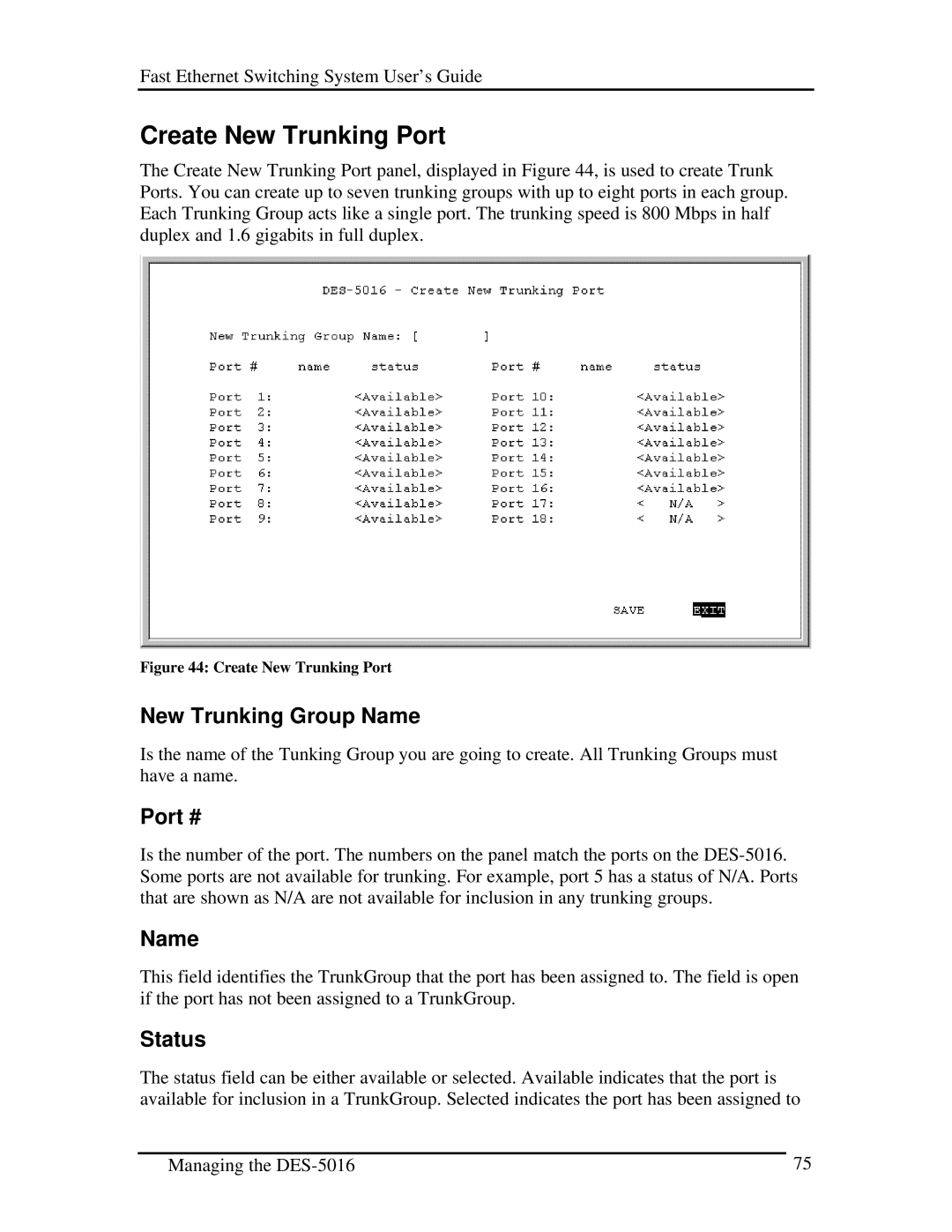 D-Link DES-5016 manual Create New Trunking Port, New Trunking Group Name 