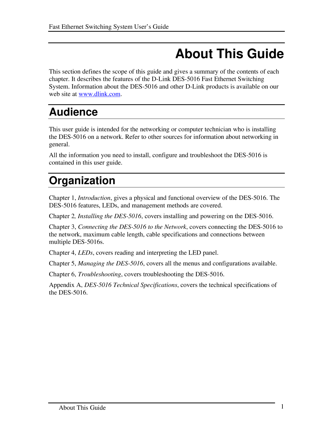 D-Link DES-5016 manual About This Guide, Audience, Organization 