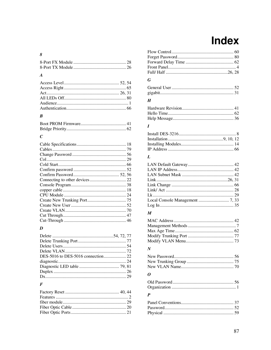 D-Link DES-5016 manual Index, Act 