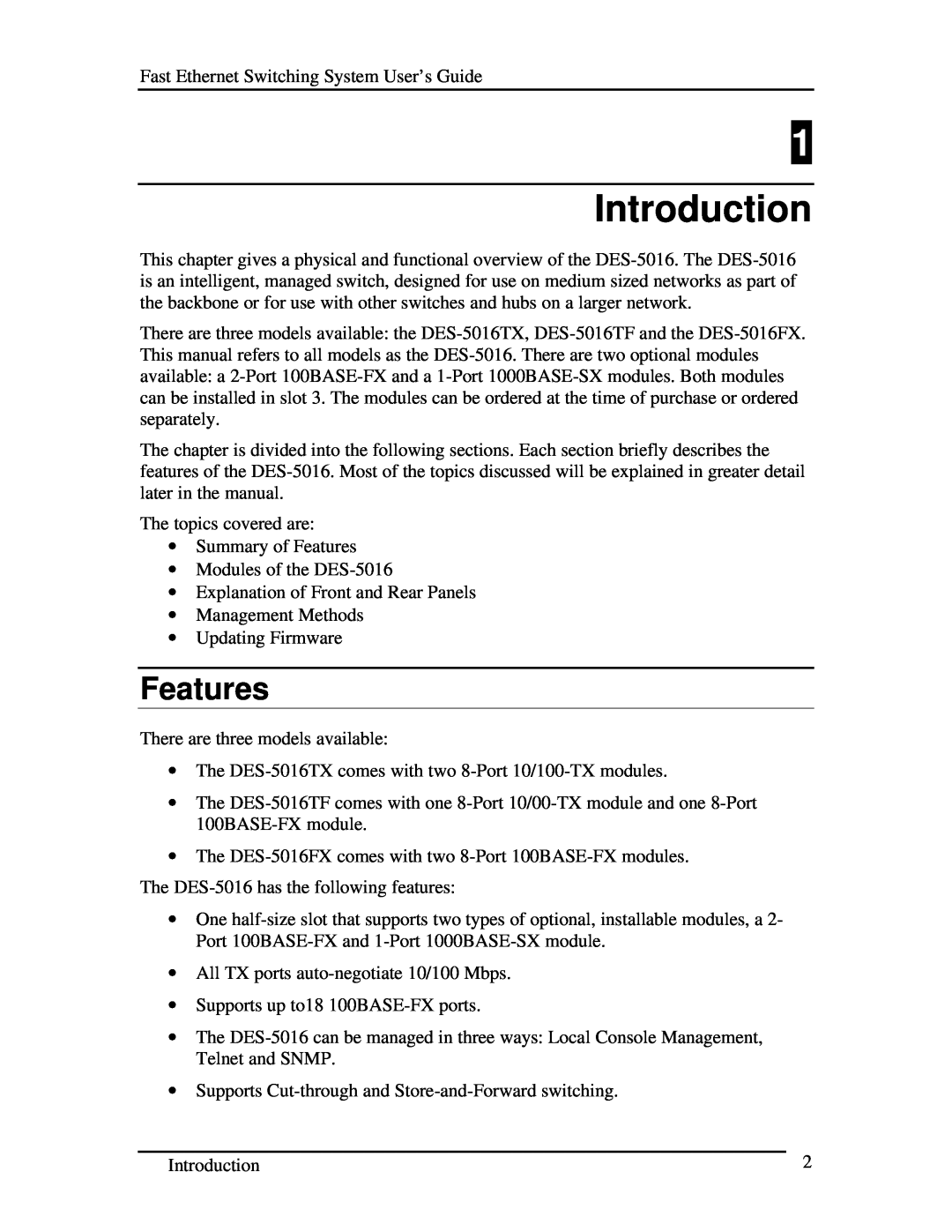 D-Link DES-5016 manual Introduction, Features 