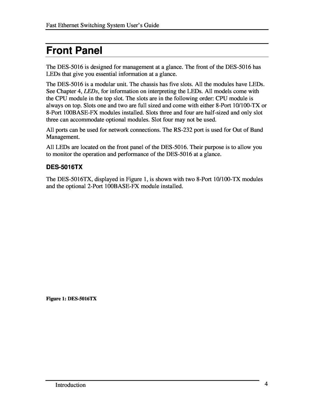 D-Link manual Front Panel, DES-5016TX 