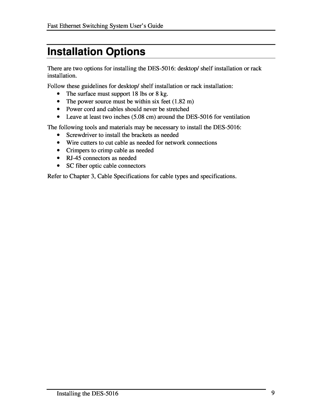 D-Link DES-5016 manual Installation Options 
