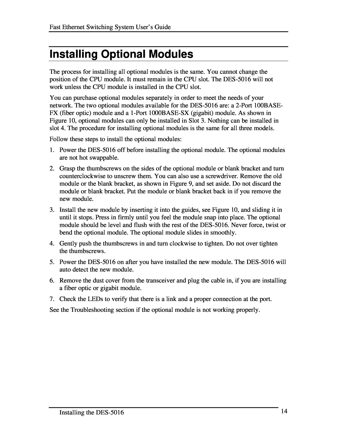 D-Link DES-5016 manual Installing Optional Modules 