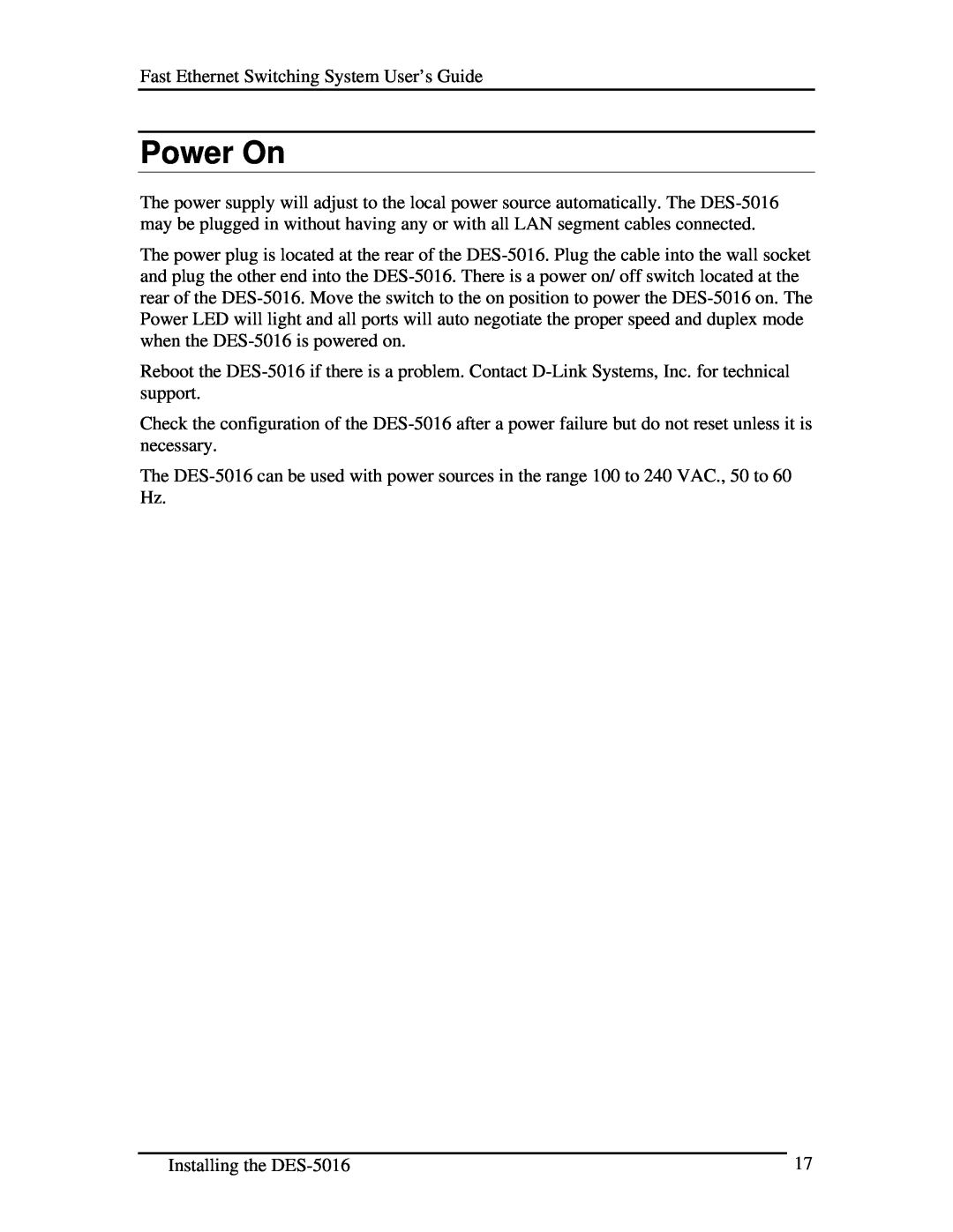 D-Link DES-5016 manual Power On 