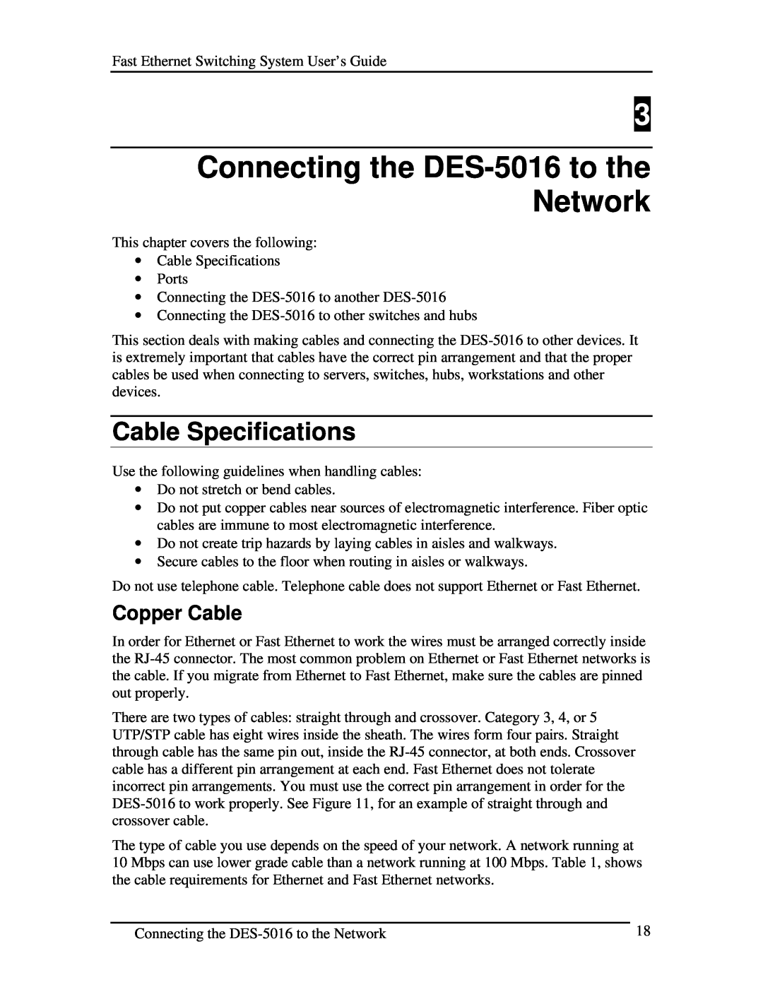 D-Link manual Connecting the DES-5016 to the Network, Cable Specifications, Copper Cable 