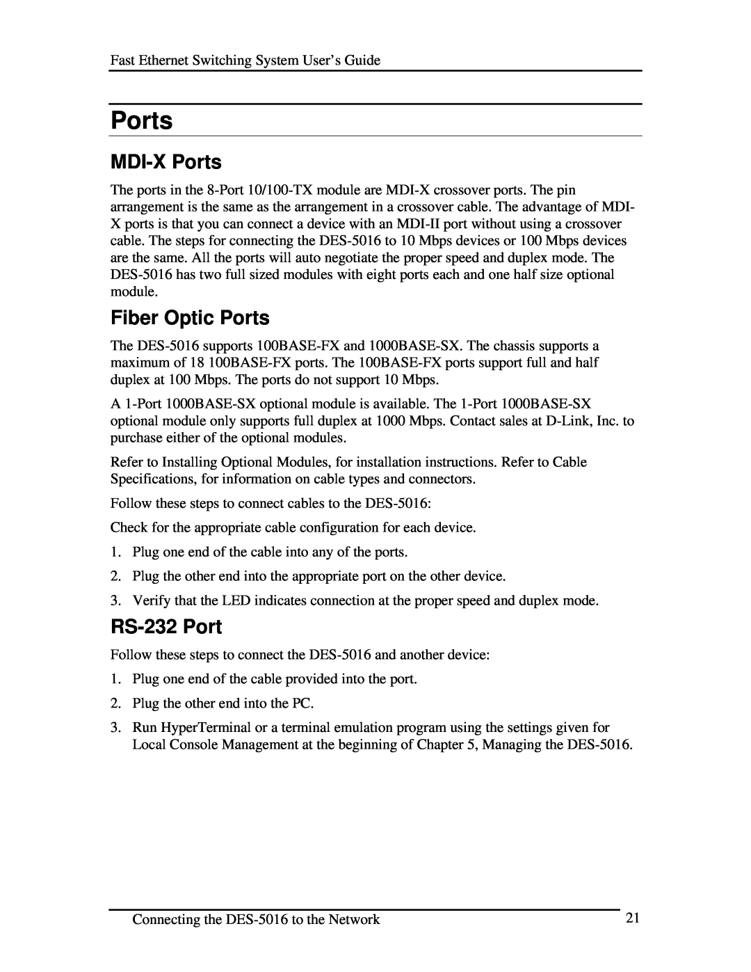 D-Link DES-5016 manual MDI-X Ports, Fiber Optic Ports, RS-232 Port 