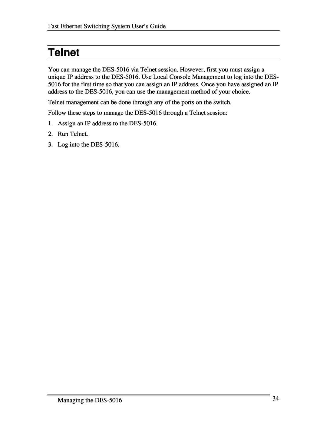 D-Link DES-5016 manual Telnet 