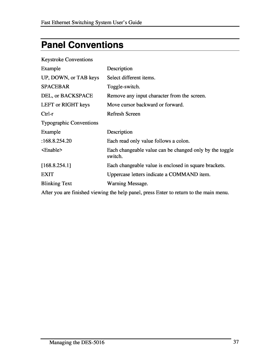 D-Link DES-5016 manual Panel Conventions 