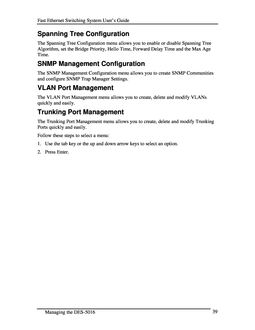 D-Link DES-5016 Spanning Tree Configuration, SNMP Management Configuration, VLAN Port Management, Trunking Port Management 