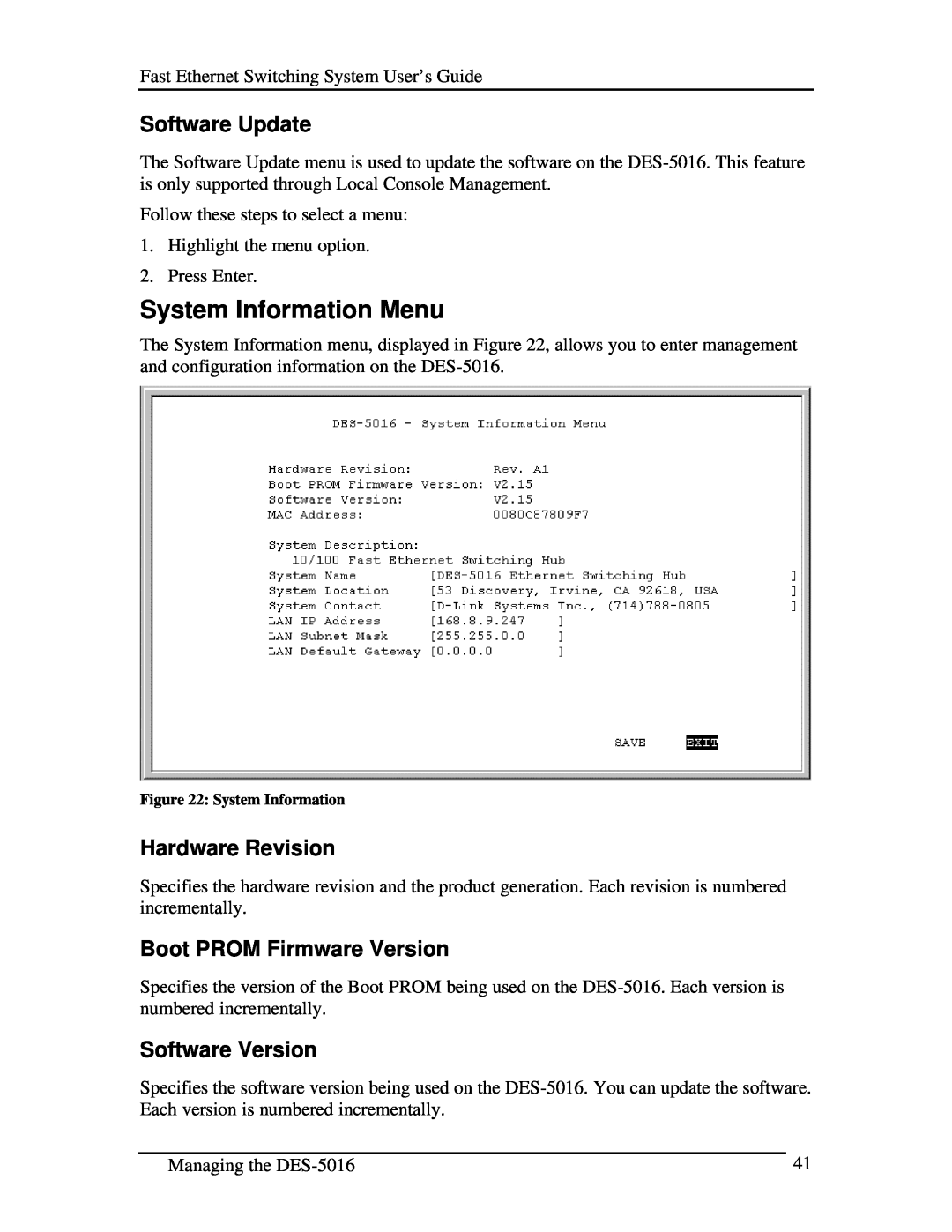 D-Link DES-5016 System Information Menu, Software Update, Hardware Revision, Boot PROM Firmware Version, Software Version 