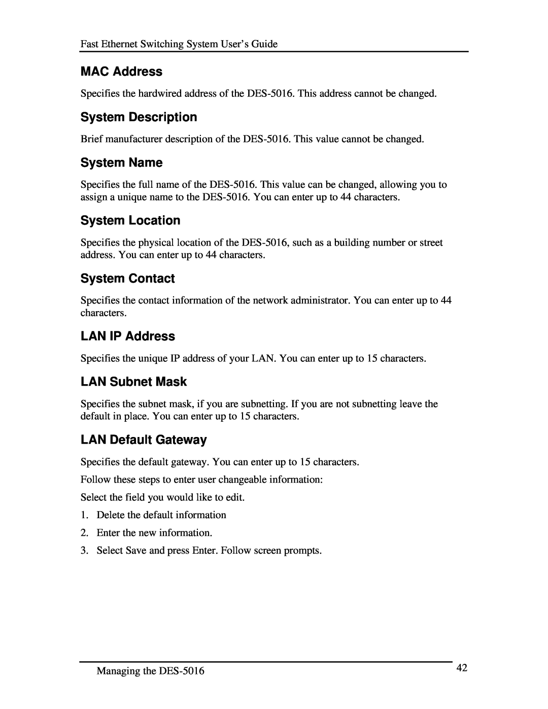 D-Link DES-5016 manual MAC Address, System Description, System Name, System Location, System Contact, LAN IP Address 