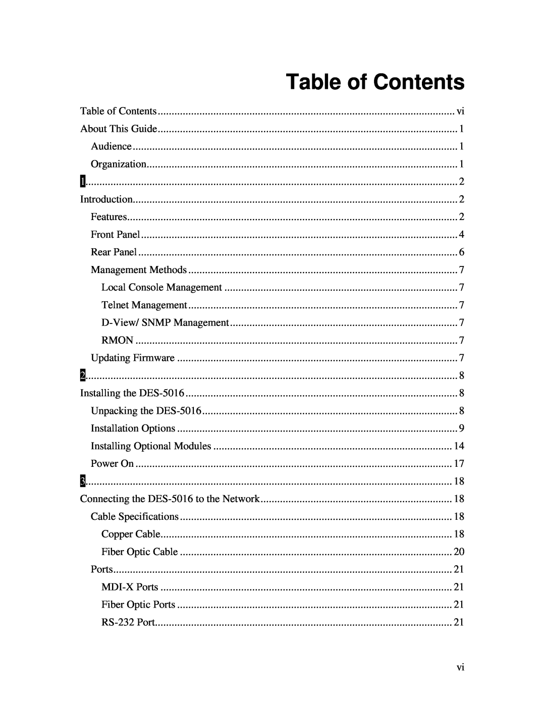 D-Link DES-5016 manual Table of Contents 
