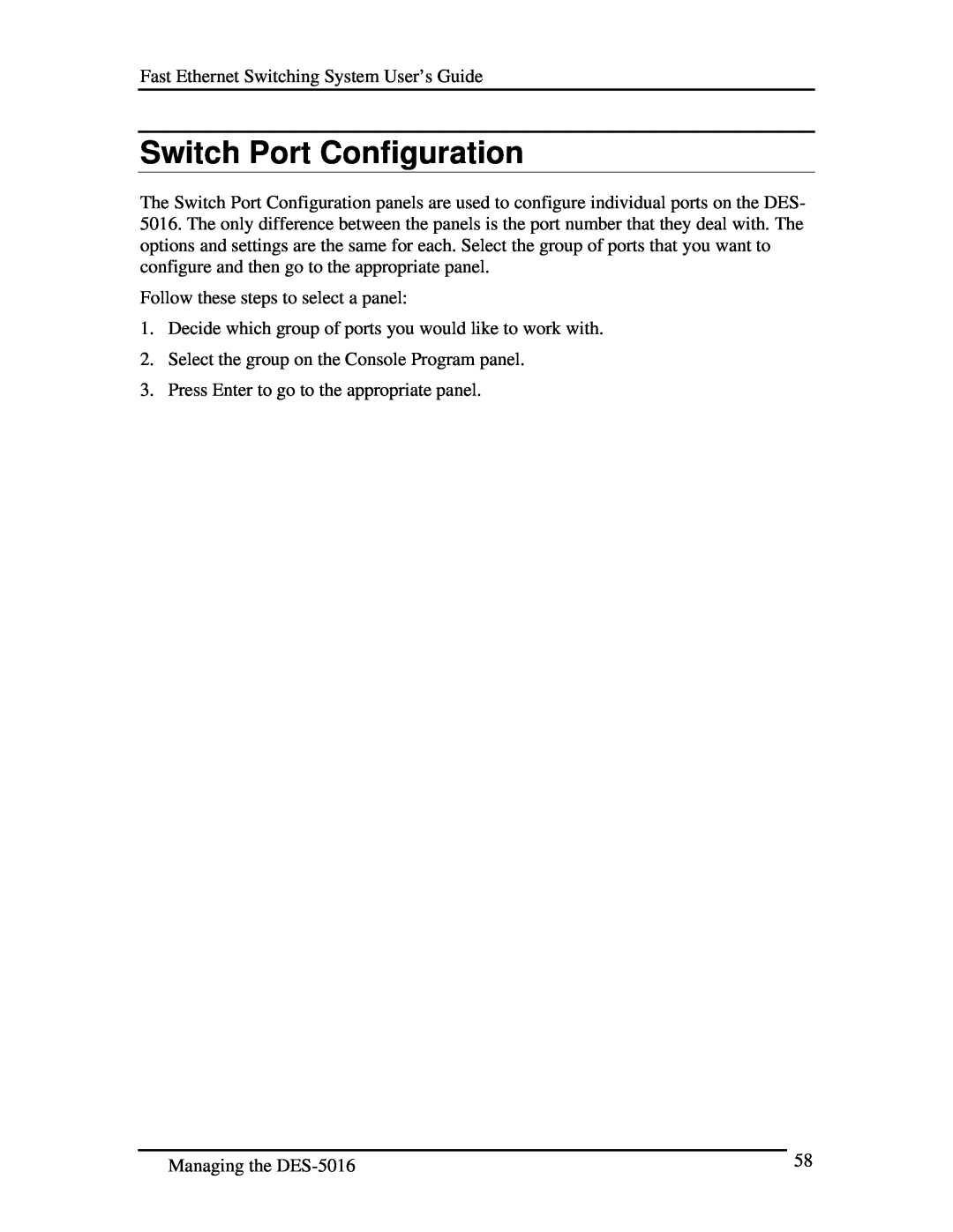 D-Link DES-5016 manual Switch Port Configuration 