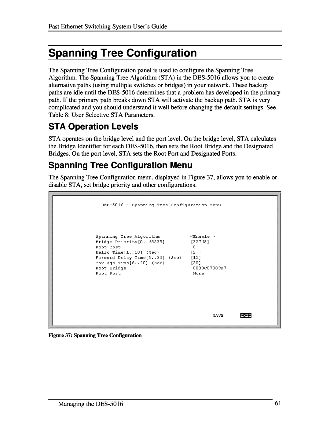 D-Link DES-5016 manual STA Operation Levels, Spanning Tree Configuration Menu 