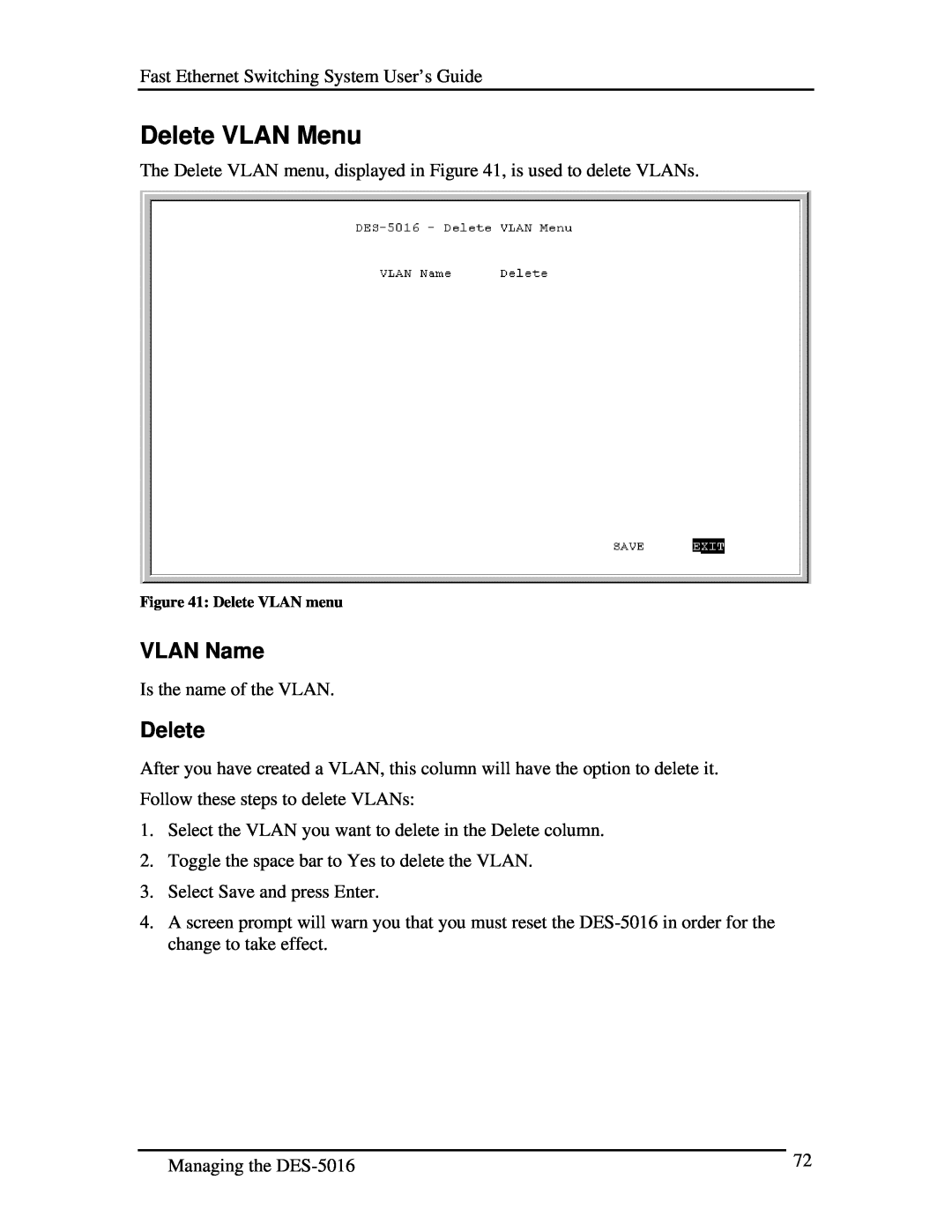 D-Link DES-5016 manual Delete VLAN Menu, VLAN Name, Delete VLAN menu 