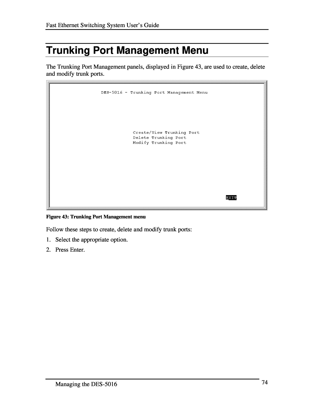 D-Link DES-5016 manual Trunking Port Management Menu, Trunking Port Management menu 