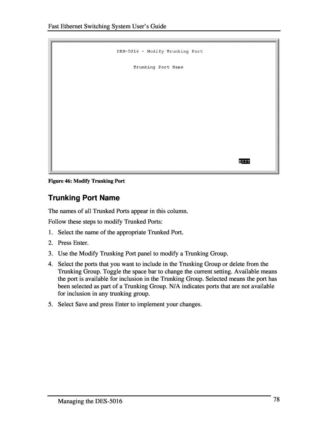 D-Link DES-5016 manual Trunking Port Name, Modify Trunking Port 