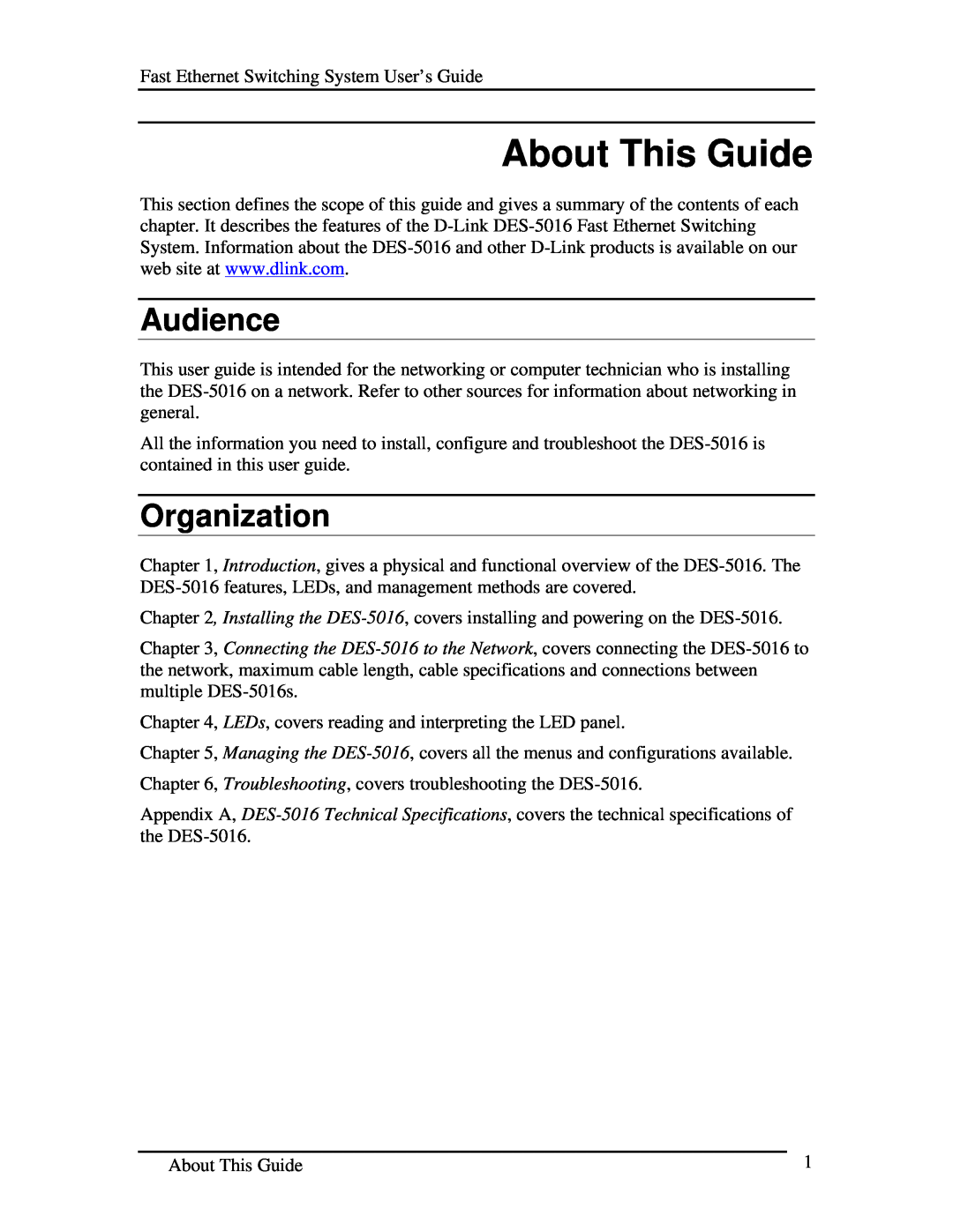D-Link DES-5016 manual About This Guide, Audience, Organization 