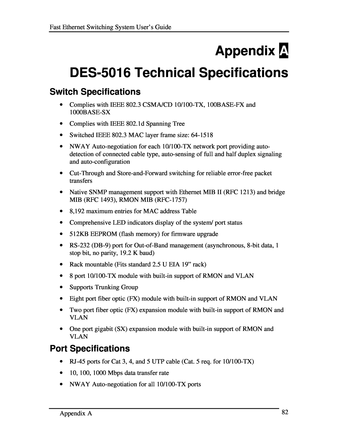D-Link manual Appendix A DES-5016 Technical Specifications, Switch Specifications, Port Specifications 