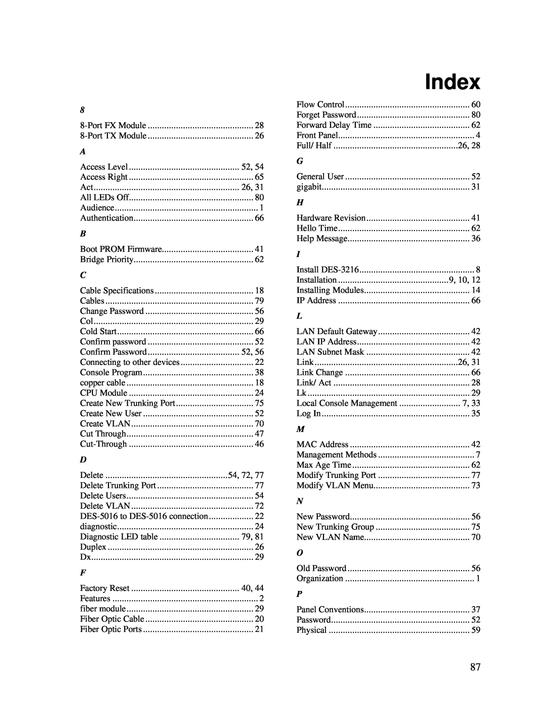 D-Link DES-5016 manual Index 