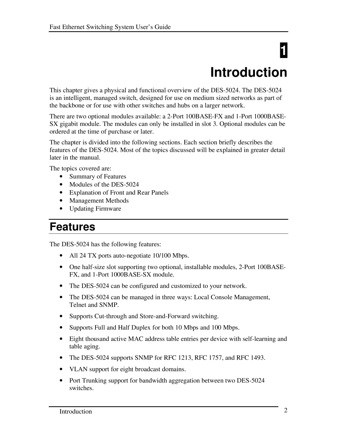 D-Link DES-5024 manual Introduction, Features 