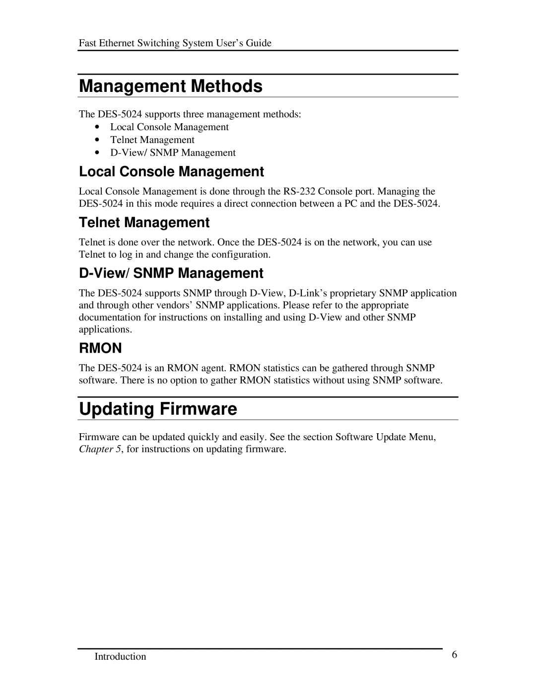 D-Link DES-5024 Management Methods, Updating Firmware, Local Console Management, Telnet Management, View/ Snmp Management 