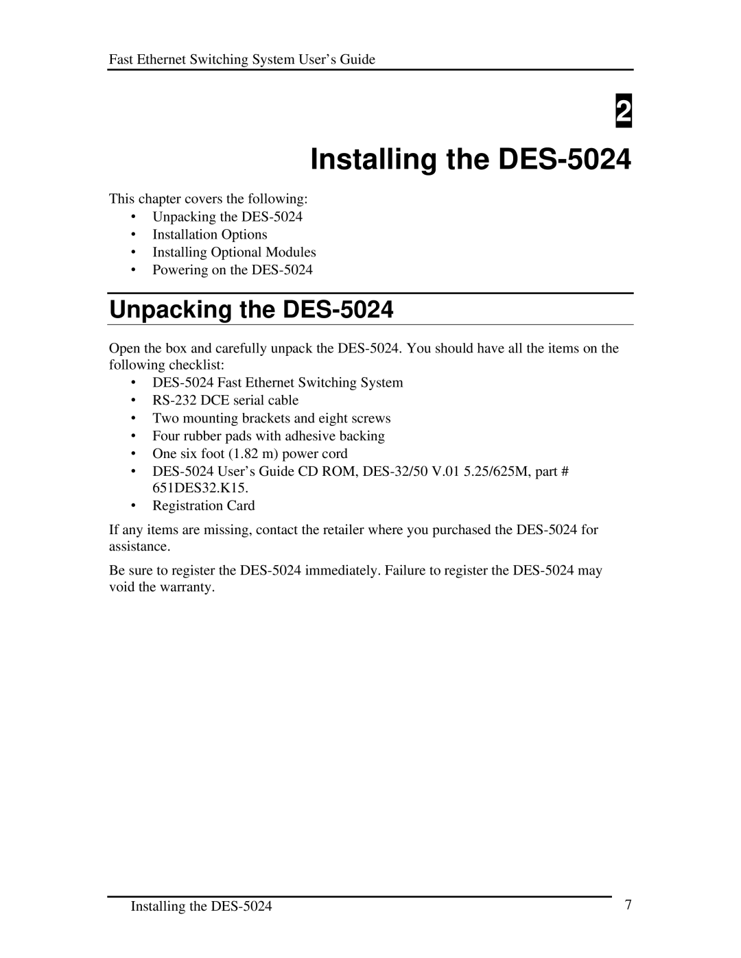 D-Link manual Installing the DES-5024, Unpacking the DES-5024 