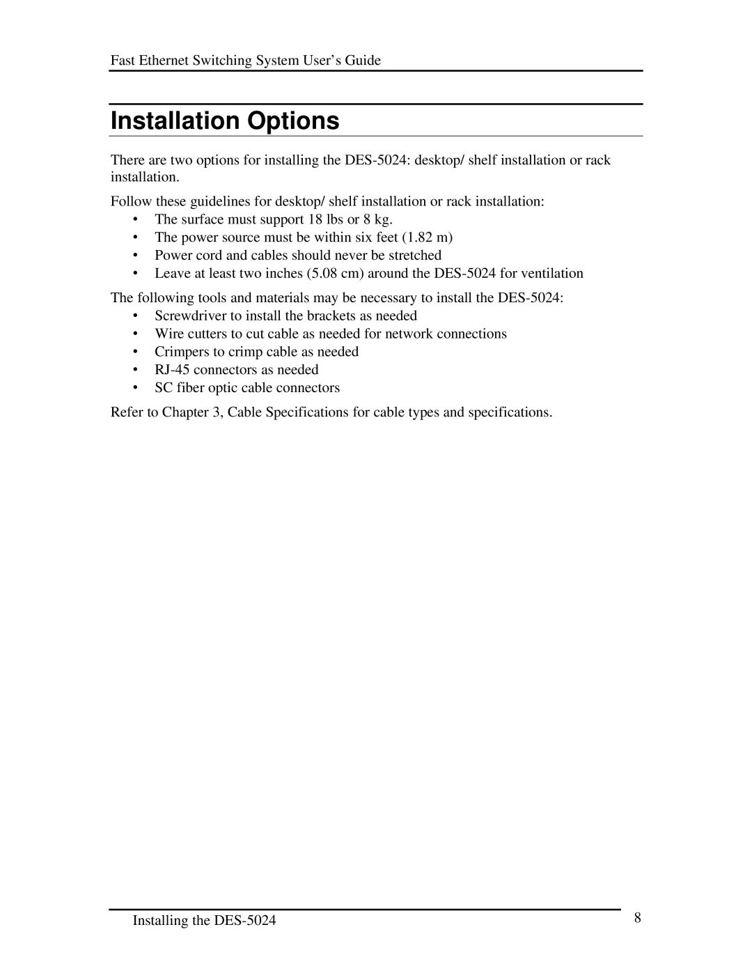 D-Link DES-5024 manual Installation Options 