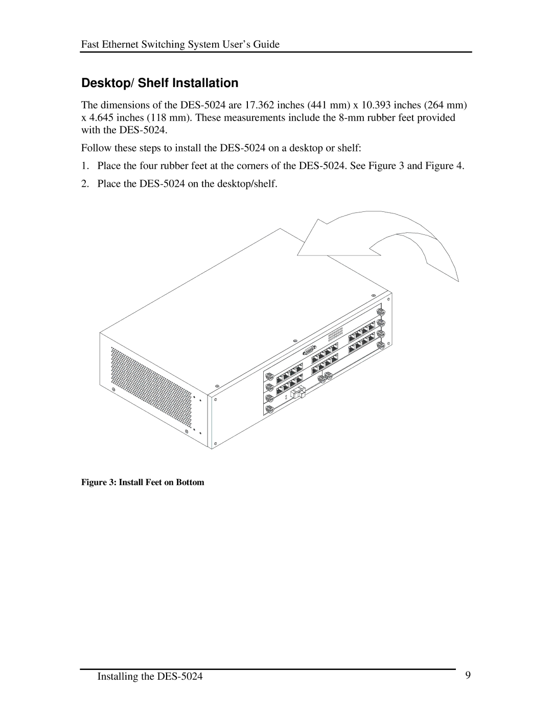 D-Link DES-5024 manual Desktop/ Shelf Installation, Install Feet on Bottom 