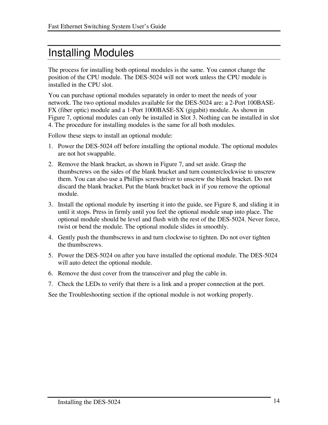 D-Link DES-5024 manual Installing Modules 