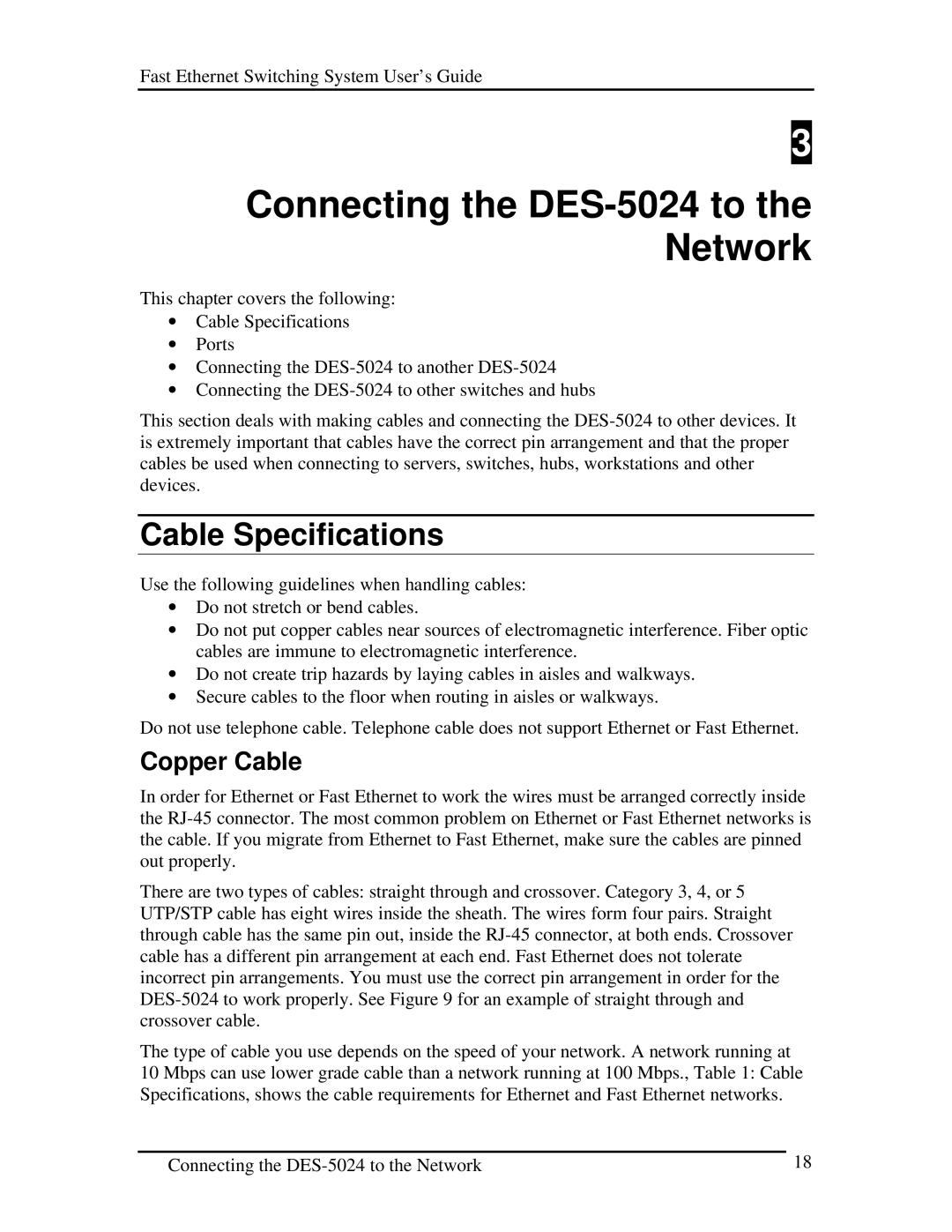 D-Link manual Connecting the DES-5024 to the Network, Cable Specifications, Copper Cable 