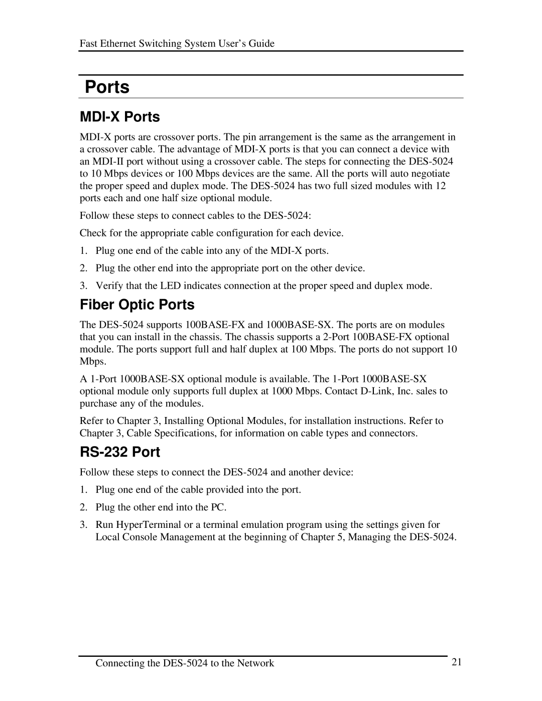 D-Link DES-5024 manual MDI-X Ports, Fiber Optic Ports, RS-232 Port 