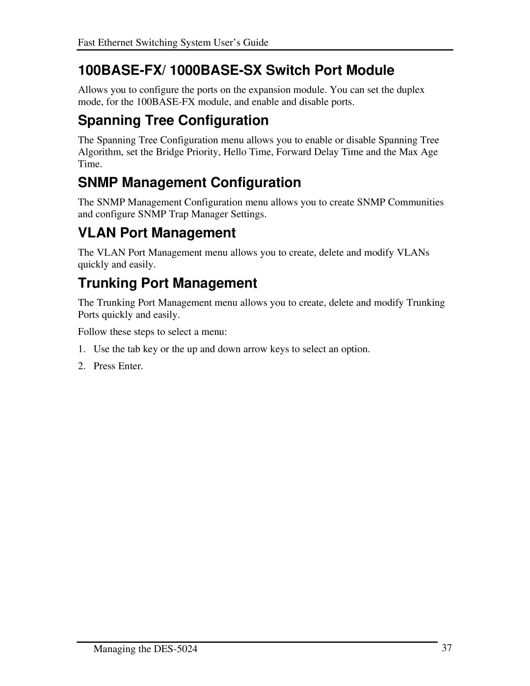 D-Link DES-5024 100BASE-FX/ 1000BASE-SX Switch Port Module, Spanning Tree Configuration, Snmp Management Configuration 