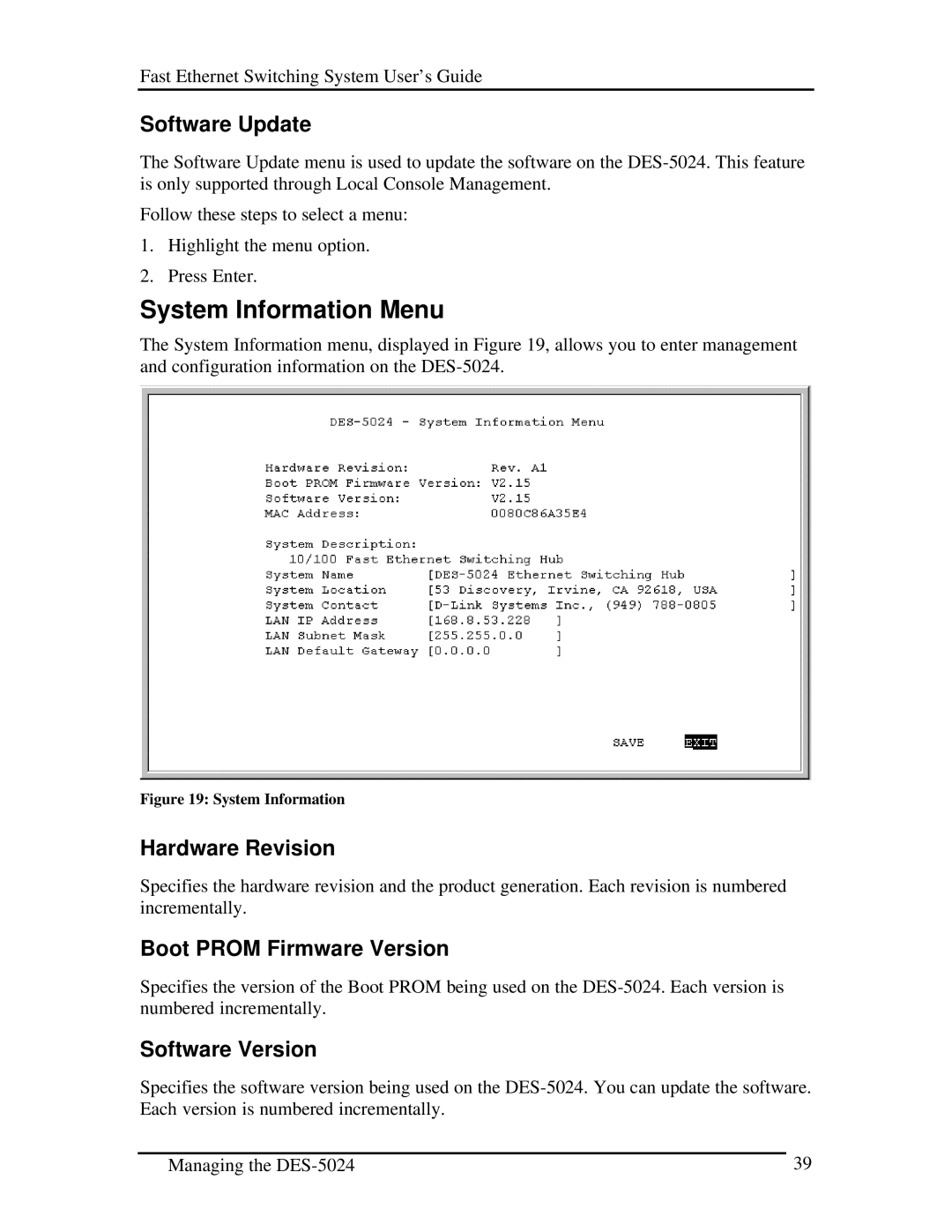 D-Link DES-5024 System Information Menu, Software Update, Hardware Revision, Boot Prom Firmware Version, Software Version 