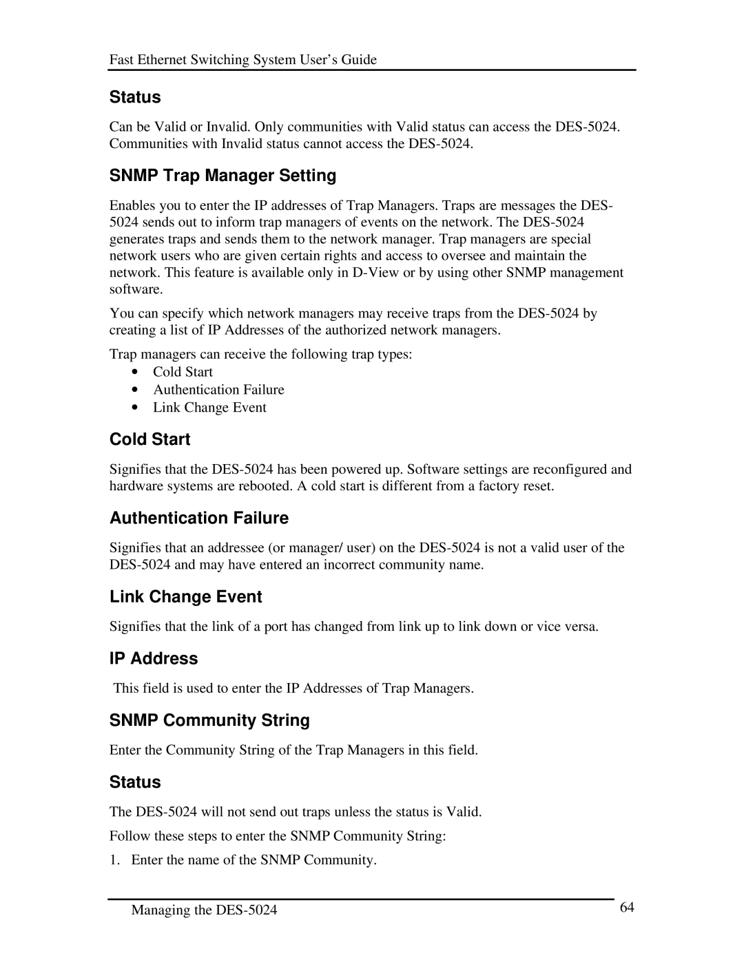 D-Link DES-5024 manual Snmp Trap Manager Setting, Cold Start, Authentication Failure, Link Change Event, IP Address 