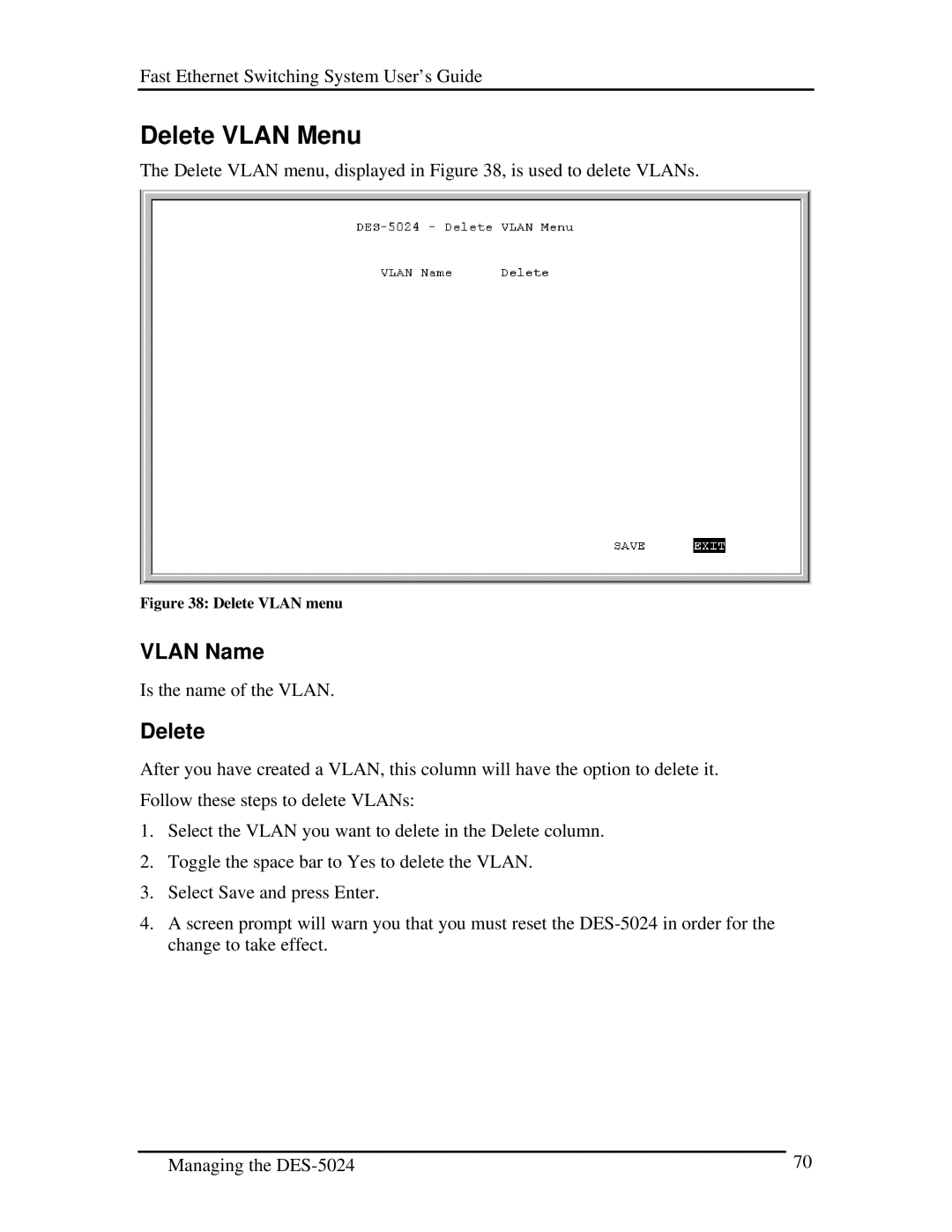 D-Link DES-5024 manual Delete Vlan Menu, Vlan Name 