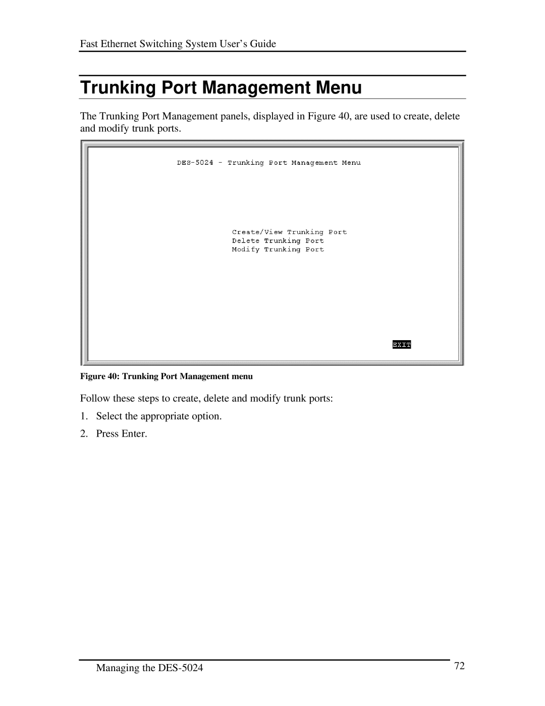 D-Link DES-5024 manual Trunking Port Management Menu, Trunking Port Management menu 