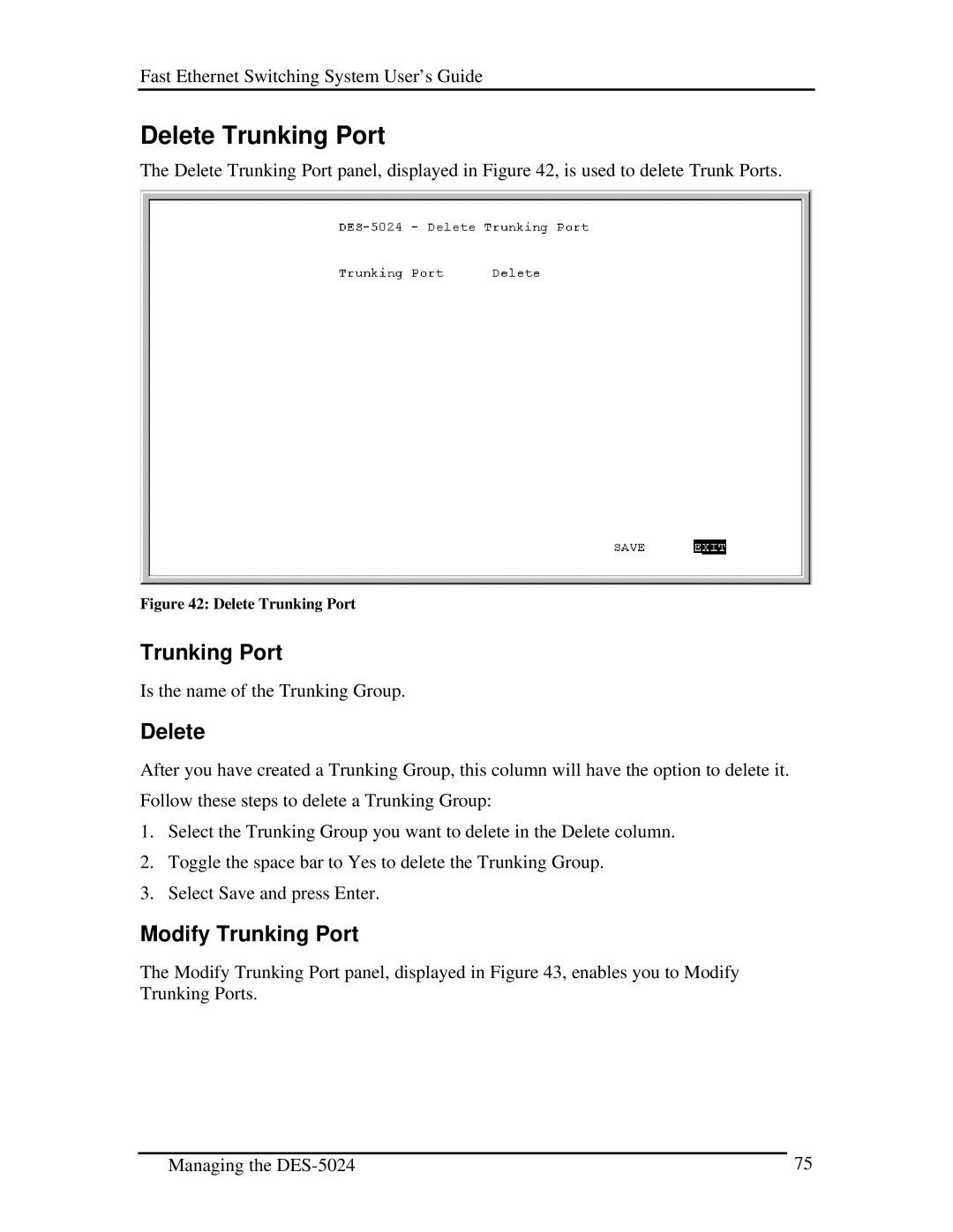 D-Link DES-5024 manual Delete Trunking Port, Modify Trunking Port 