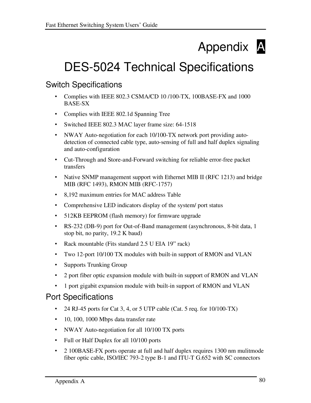 D-Link manual Appendix a DES-5024 Technical Specifications, Switch Specifications, Port Specifications 