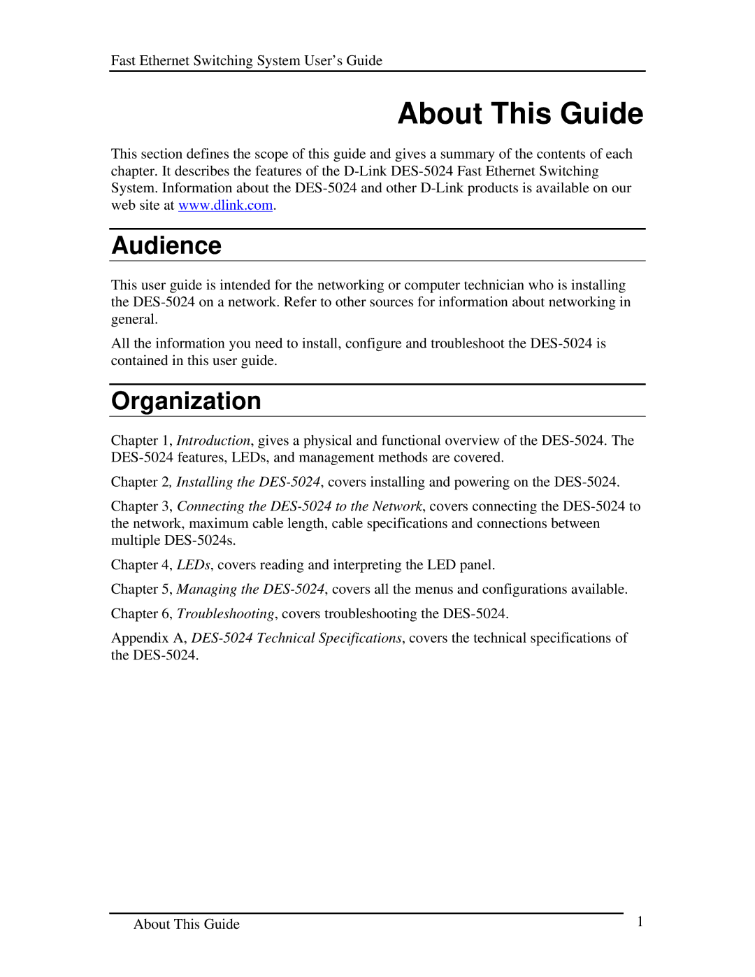 D-Link DES-5024 manual About This Guide, Audience, Organization 