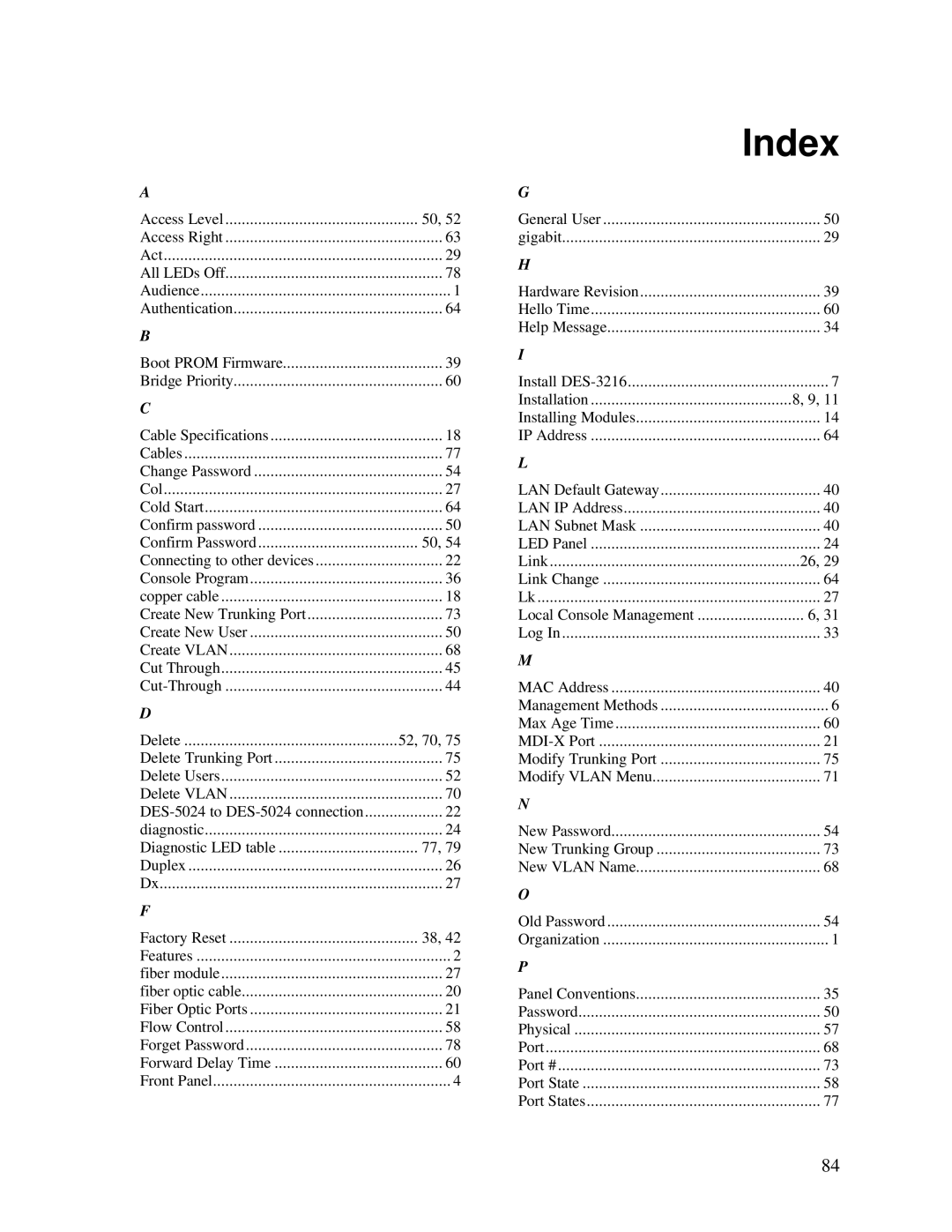 D-Link DES-5024 manual Index, Access Level 