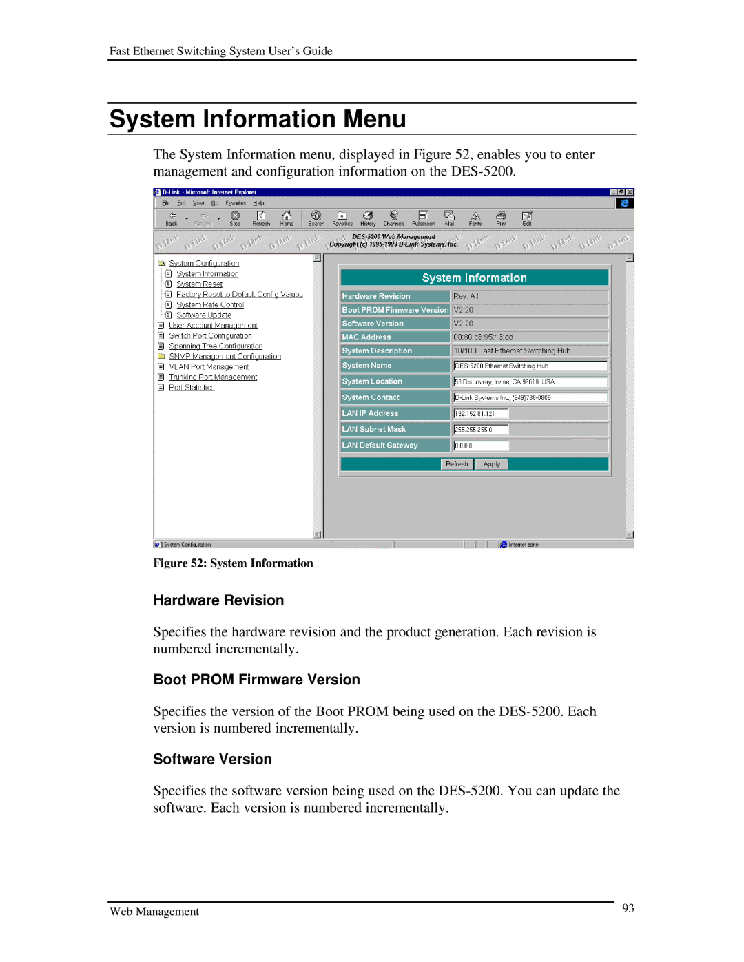 D-Link DES-5200 manual System Information Menu, Hardware Revision, Boot Prom Firmware Version, Software Version 