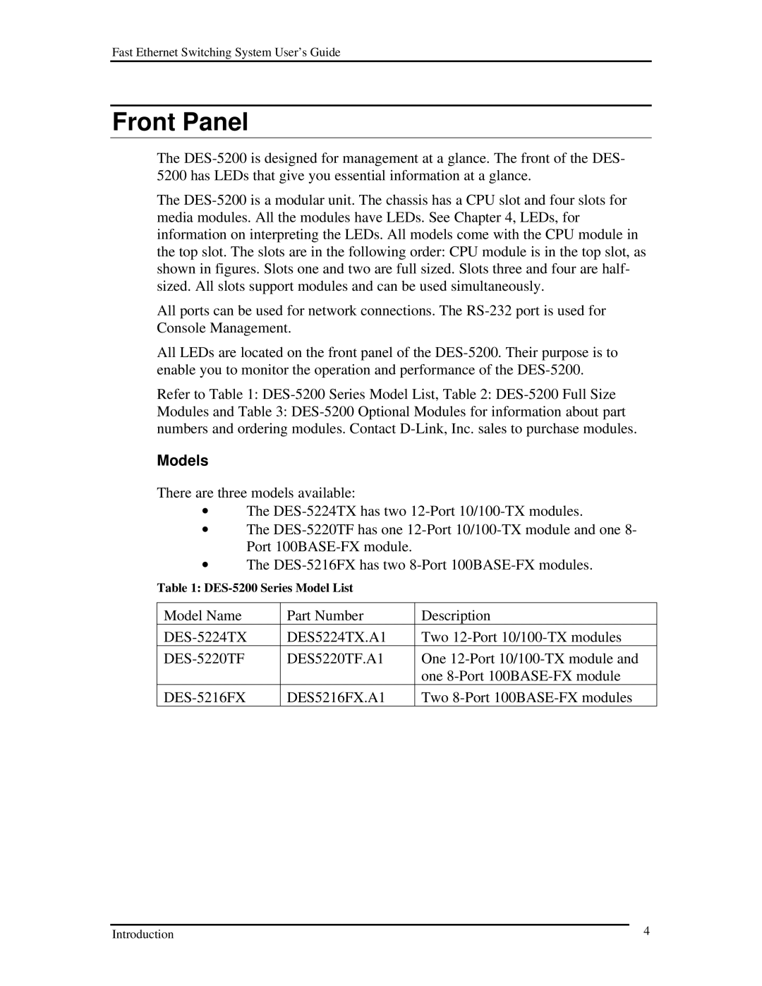 D-Link DES-5200 manual Front Panel, Models 