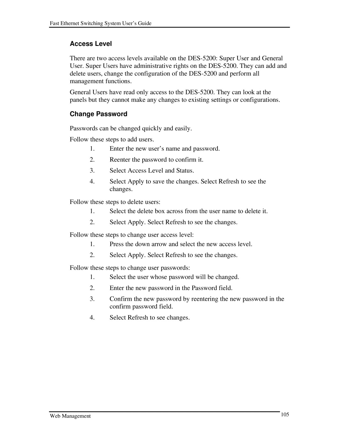 D-Link DES-5200 manual Access Level, Change Password 