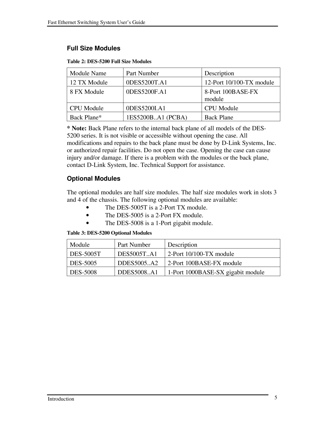 D-Link DES-5200 manual Full Size Modules, Optional Modules 