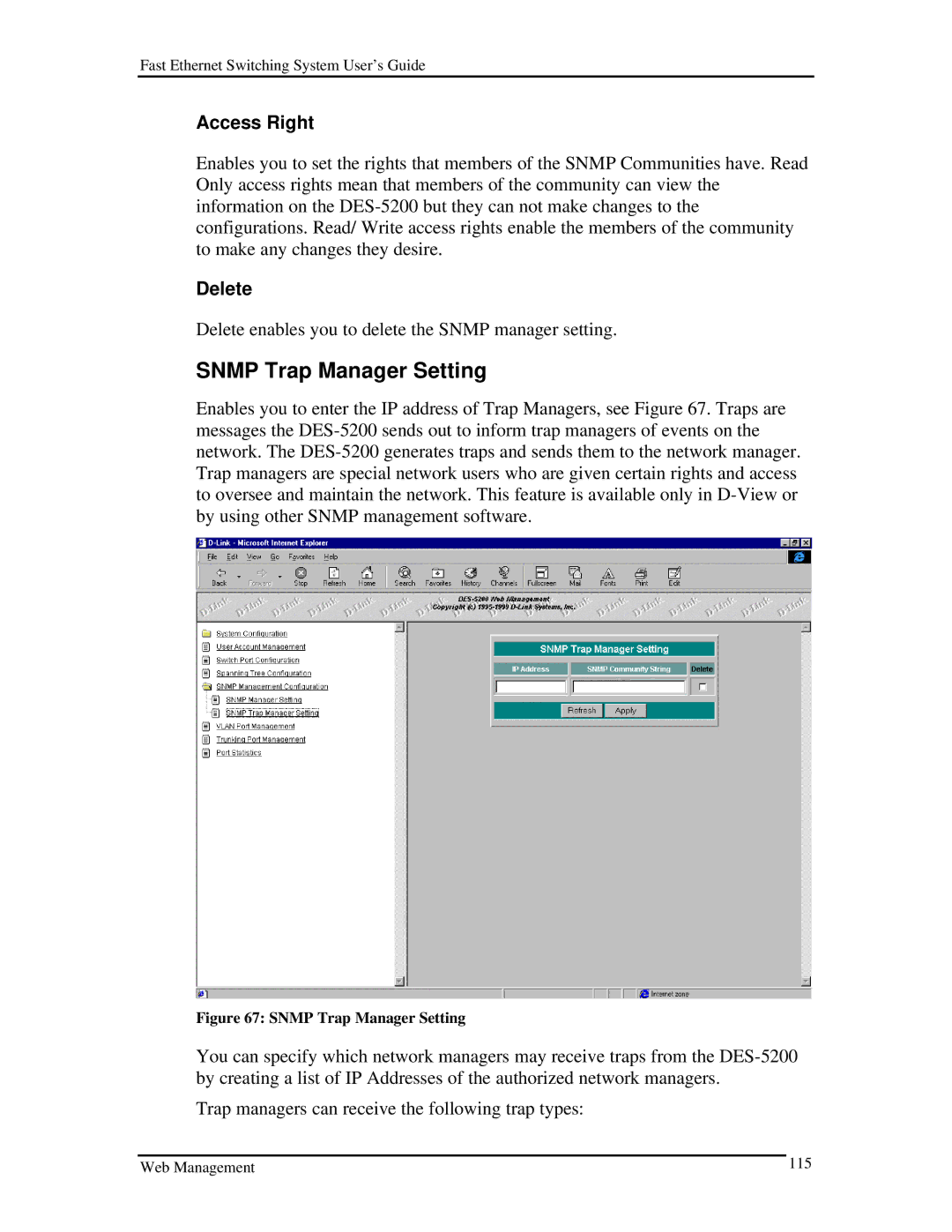 D-Link DES-5200 manual Snmp Trap Manager Setting 