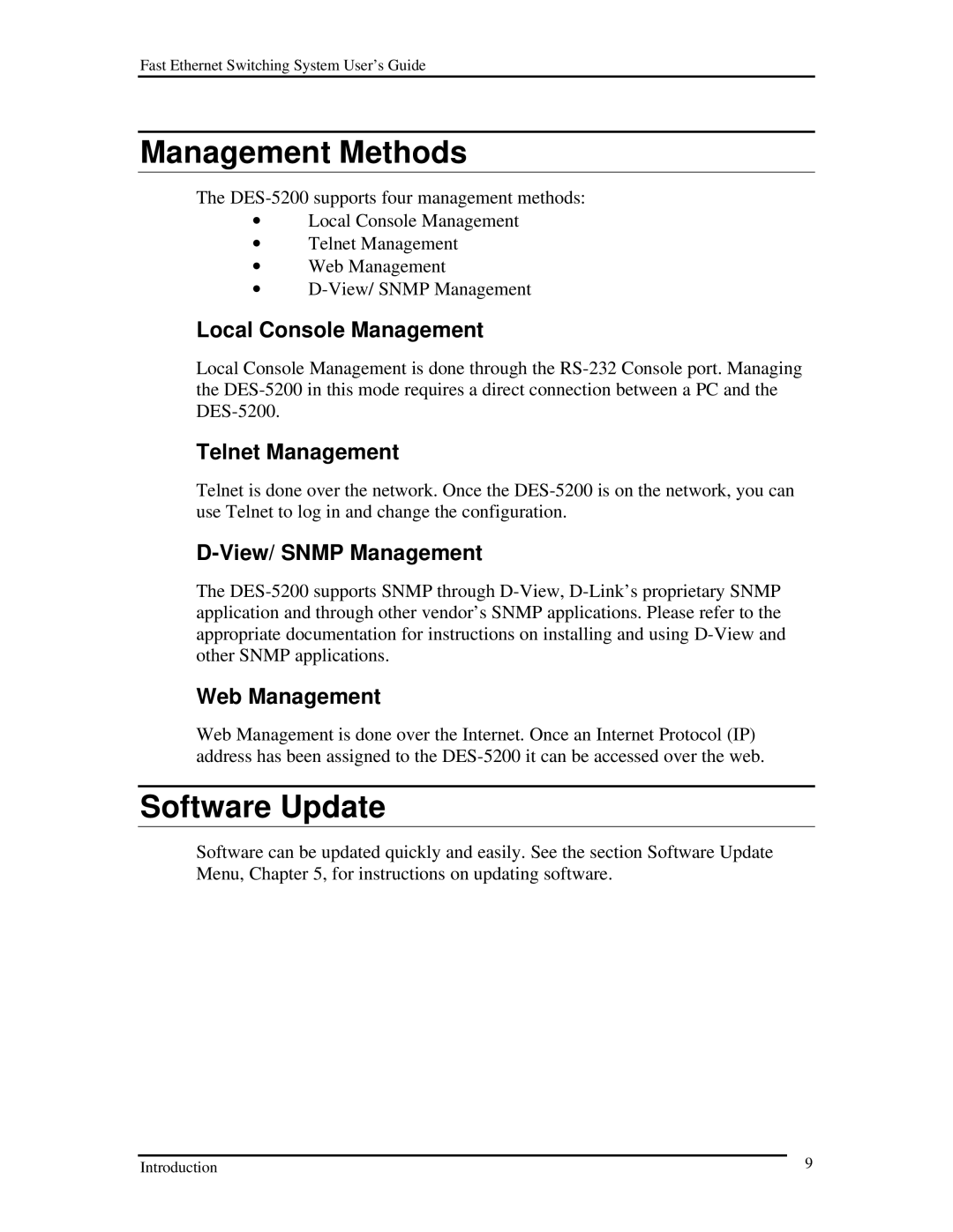 D-Link DES-5200 manual Management Methods, Software Update 