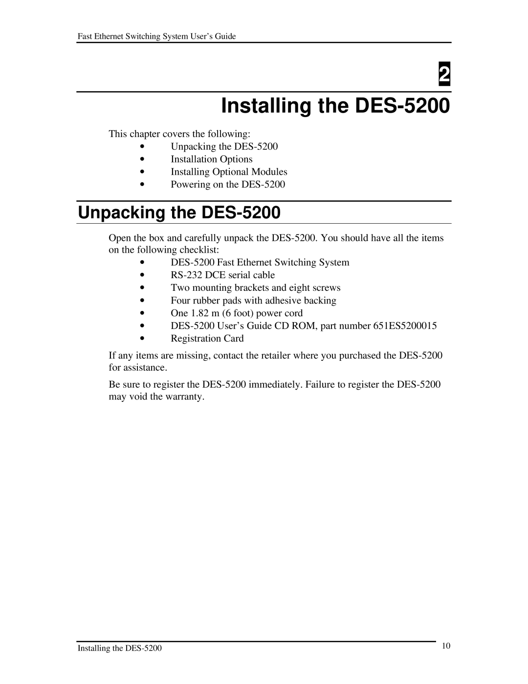 D-Link manual Installing the DES-5200, Unpacking the DES-5200 