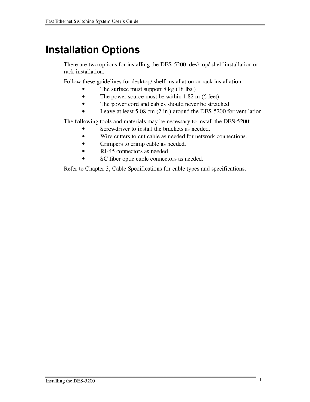 D-Link DES-5200 manual Installation Options 