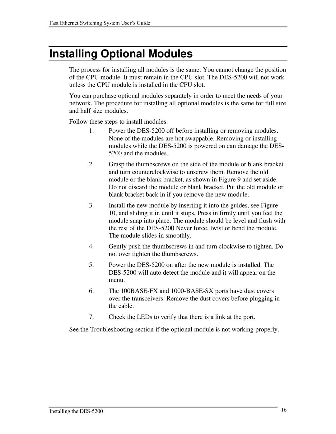 D-Link DES-5200 manual Installing Optional Modules 